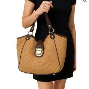 ✨ Chic Michael Kors Straw & Black Faux Leather Tote Bag ✨